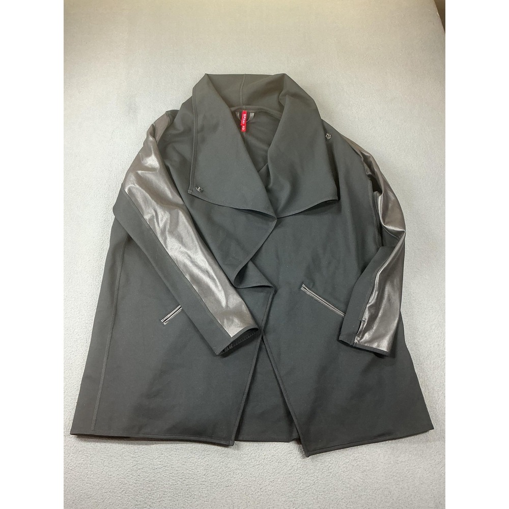 SPANX Jacket Womens XL Black Collared Open Faux Leather Trim Mid-Length